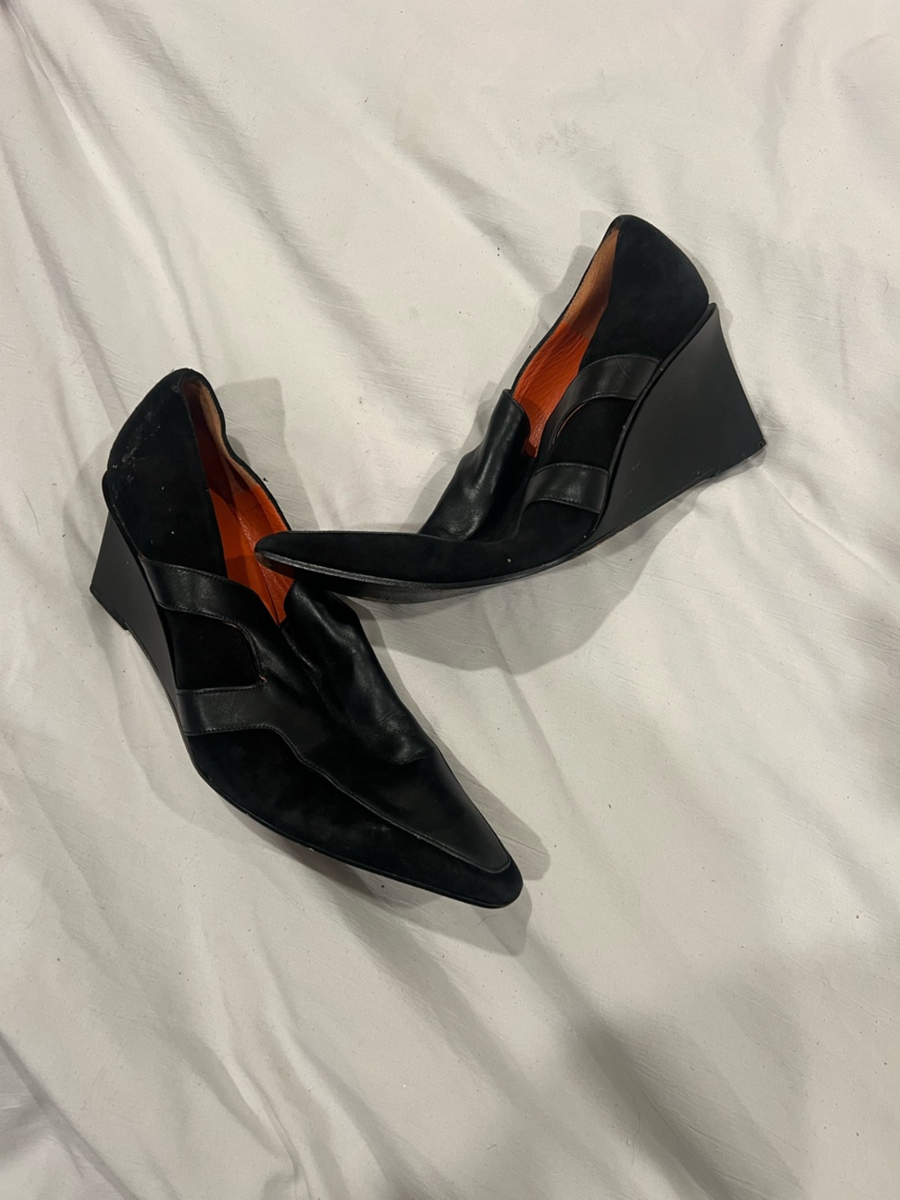 Charles Jourdan Black Leather Pointed Wedge Heels